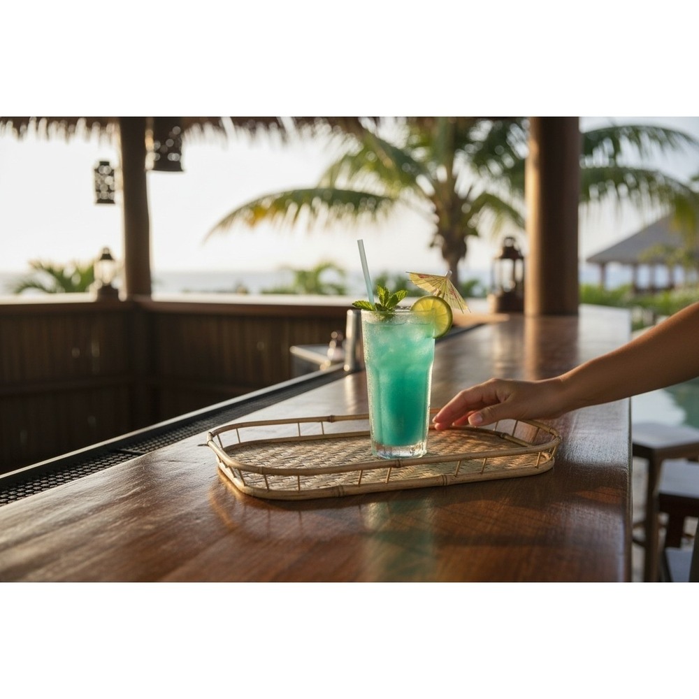 Vintage Bamboo Woven Serving‎ Trays 2 Tiki Bar pool Natural Boho Coastal Decor
